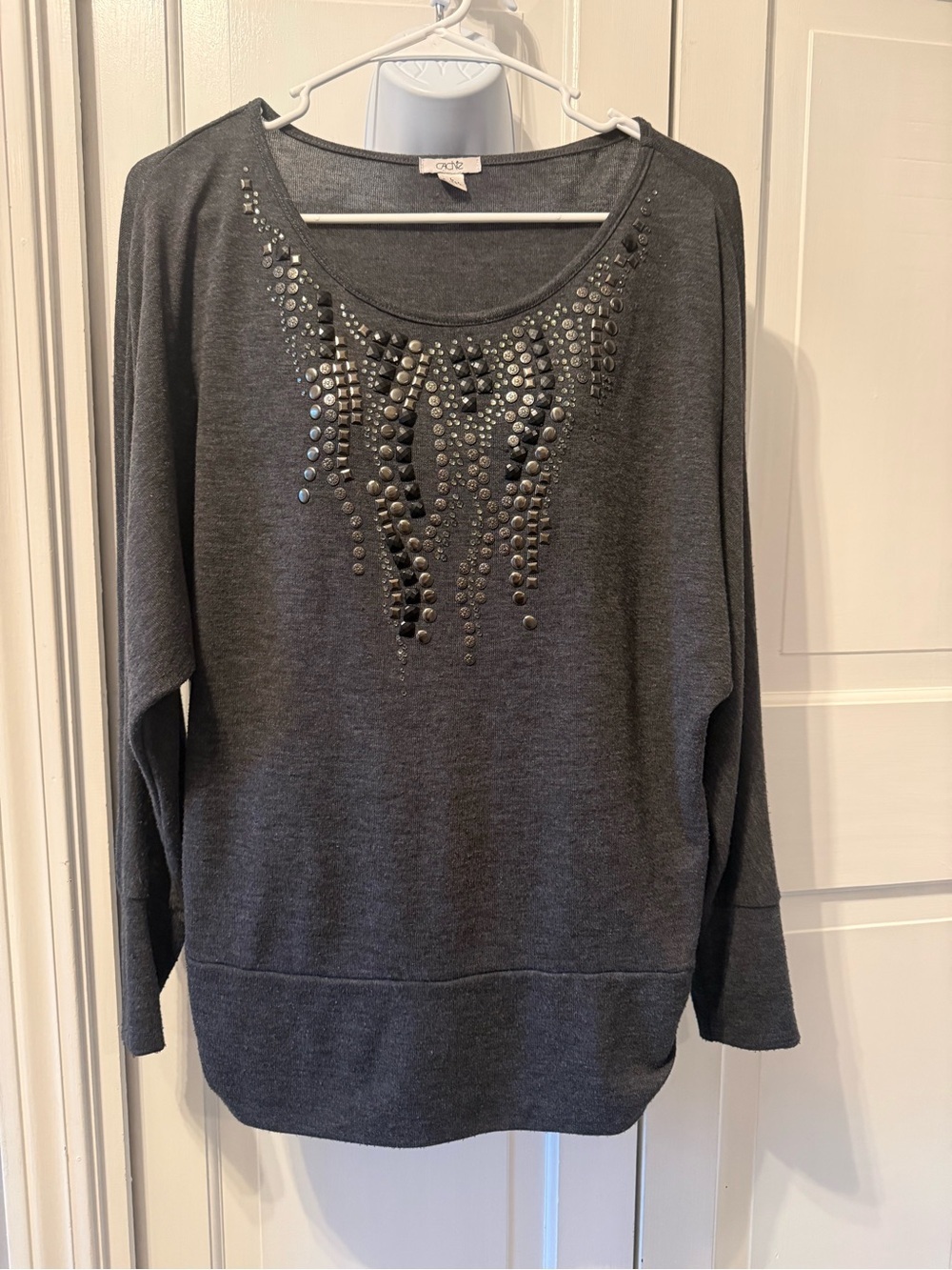 Cache Dark Gray Embellished Scoop-Neck Sweater